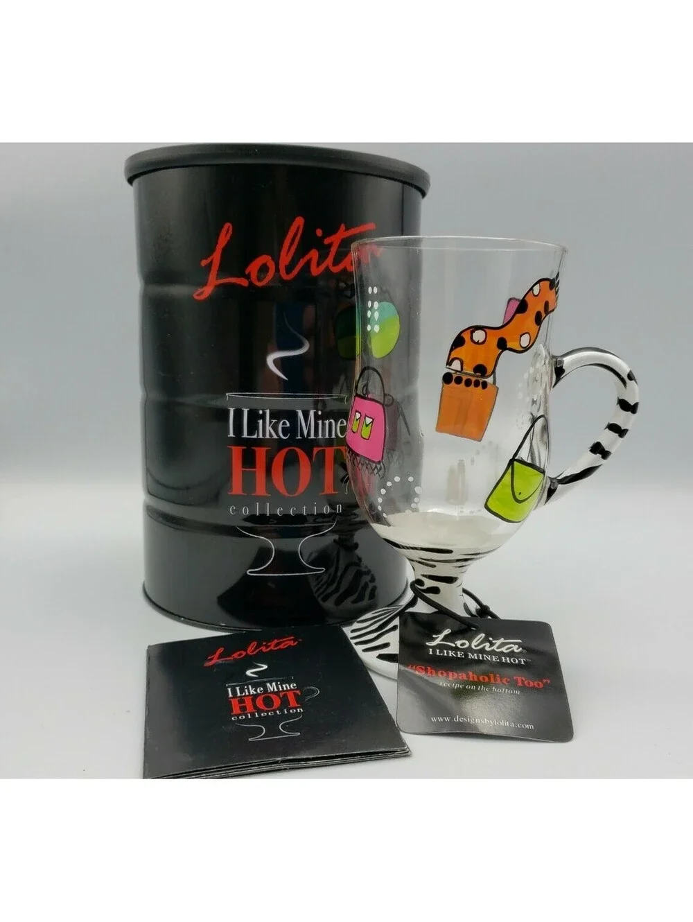 Lolita Mug I Like Mine Hot Shopaholic Too Glass 9 oz NEW in Can Coffee Cocoa Tea